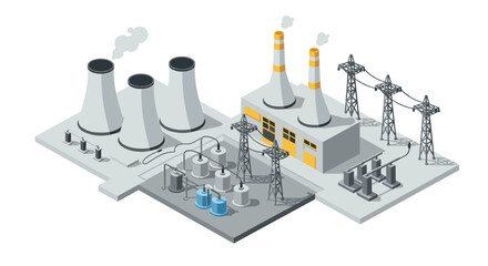 Isometric power plant with cooling towers and power lines in industrial setting