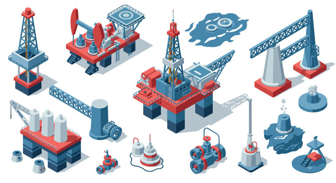 Isometric industrial oil rigs and drilling equipment set in blue and red