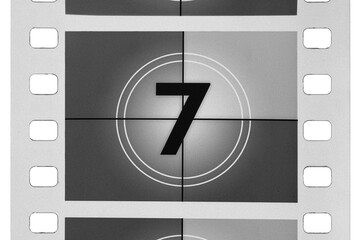 Classic film leader countdown with number seven on screen, creating a vintage cinema concept, isolated. Transparent PNG image.