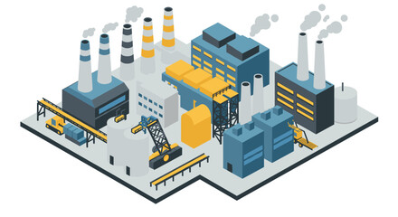 Obraz premium Isometric factory complex with machinery and chimneys emitting smoke