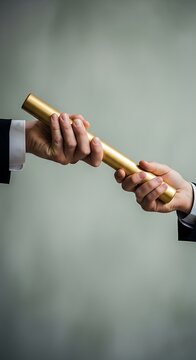 Golden baton exchange between hands handover passing