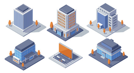 Obraz premium Modern cityscape with buildings and trees in isometric style