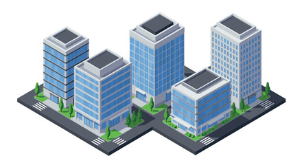 Modern isometric cityscape with office buildings and street corners
