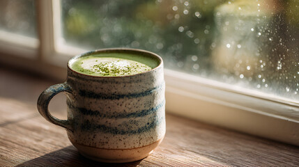Matcha latte in a ceramic mug near a window with natural morning light