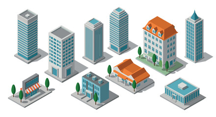 Diverse set of isometric buildings including skyscrapers, office complexes, and residential structures
