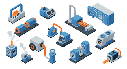 Fototapeta premium Isometric industrial equipment set with machines and conveyor systems