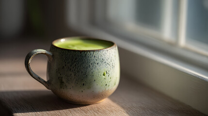 Matcha latte in a ceramic mug near a window with natural morning light
