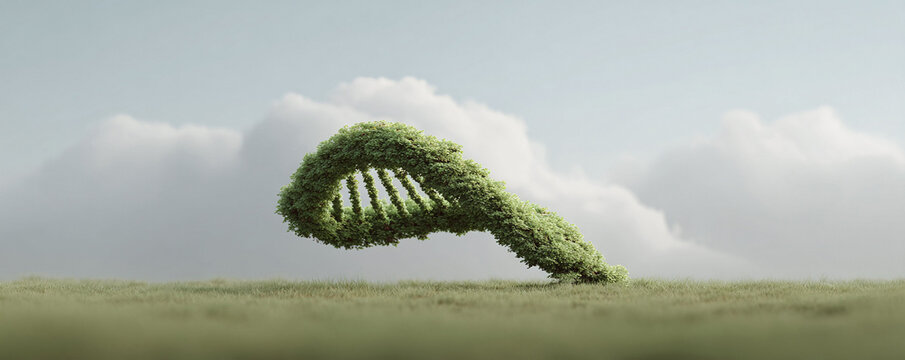 A DNA structure made of foliage, resting in a green meadow under a cloudy sky. Concept for biotechnology, genetic engineering, or the natural origin of life.