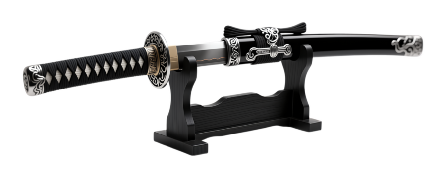 Black Samurai Sword with Silver Engravings on Transparent Background, 3D Realism Asset for Digital Media