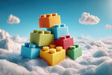 Fototapeta premium Colorful Lego Bricks Stacked Together Amongst Fluffy Clouds