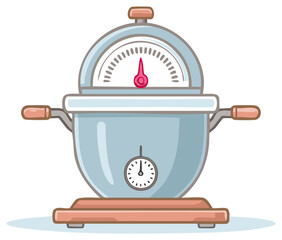 Cartoon illustration of a vintage cooking pot with a temperature gauge and timer.