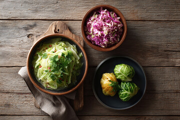 Rustic, overhead shot featuring various cabbage dishes slaw, pickled and stuffed. Concept healthy eating, homemade food, fermentation, nutrition.