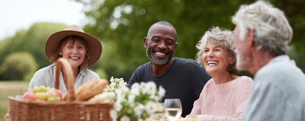 Joyful group of diverse mature friends share laughter at outdoor picnic. Represents friendship, celebration, togetherness. Great for health, lifestyle, and retirement themes.