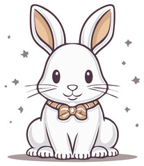 Fototapeta premium Charming white cartoon rabbit illustration with cute bowtie and gentle stars evokes a playful and enchanting mood