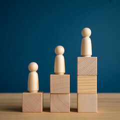 Wooden figures connected representing networking and leadership on a white background.