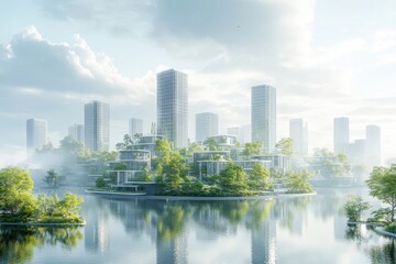Fototapeta premium Modern cityscape with lush greenery and high-rise buildings by a serene lake under cloudy skies