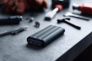 Sleek portable charger amidst tools. Conveys readiness, power,  utility. Ideal for tech, engineering, construction, or preparedness themes. Closeup, cool tones.