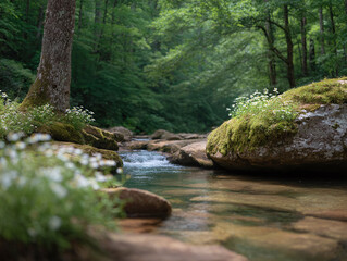 Obraz premium Serene river flowing through a lush green forest. Mossy rocks wildflowers create a tranquil scene, perfect for nature, relaxation, or environmental themes.