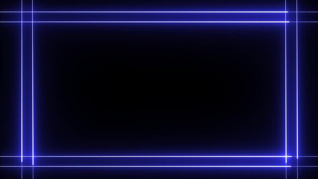 Neon blue line glowing square frame on black background. Glowing neon blue frame background animation square shape.