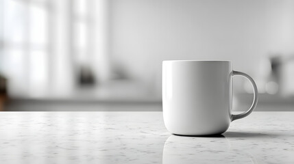 Minimalist coffee cup on a white marble table with blurred background