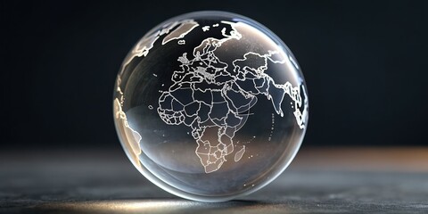 A translucent globe displays a map of the world, emphasizing continents and countries with a sleek, modern aesthetic against a dark background.