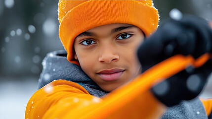 teenager training with resistance bands in snowy backyard, winter sports routine, wearing hat and hoodie