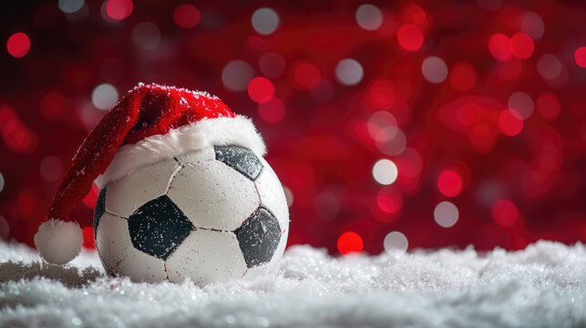 Soccer ball wearing Santa hat lying on playing field covered with snow and Christmas baubles during match in stadium celebrating Christmas time. Copy space. Banner