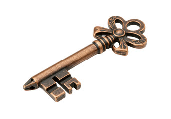 Ornate antique key isolated on transparent background, vintage bronze metal key with decorative bow for unlocking secrets and mysteries PNG