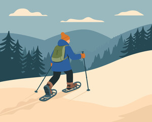 Man Hiking with Snowshoes and Poles in Snowy Mountains, Winter Sports and Outdoor Adventure