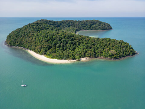 Aerial view on southern part fo Pentai Cenang beach on Langkawi island, Malaysia.