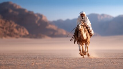 A lone figure rides a camel across a vast desert landscape, capturing the essence of adventure, freedom, and connection to nature in breathtaking sunlight and scenery.