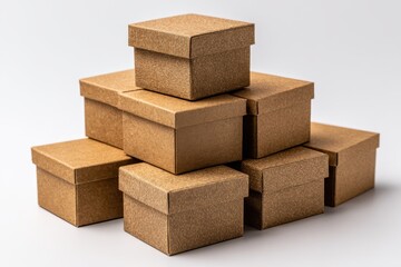 Stack of miniature brown cardboard shipping boxes on white