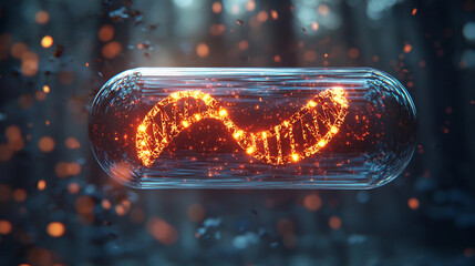 Floating capsule with glowing DNA representation in forest Generative AI