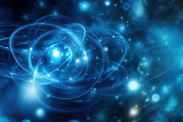 Abstract representation of atomic structure and energy waves glowing in blue tones