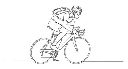 Focused cyclist in helmet and backpack rides a road bike with determination and speed.