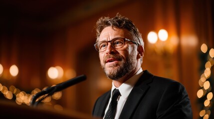 A poised and confident man delivering a speech at a formal event, embodying professionalism and authority in a well-lit, elegantly decorated setting that captivates the audience.