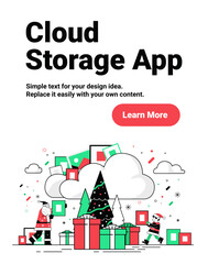 Santa Christmas cloud storage app concept festive scene with Santa and elf carrying digital files giant cloud Christmas tree gifts snowflakes flat website banner