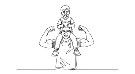 Joyful father carrying son on shoulders, celebrating strength and connection
