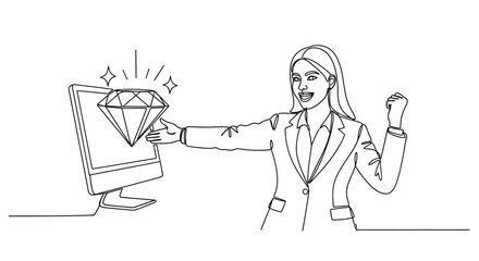 Excited woman celebrates a digital gem emerging from a computer screen, symbolizing success and valuable online discovery.