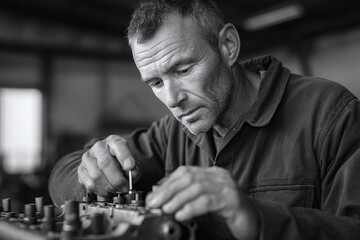 Intense monochrome shot of a focused craftsman meticulously repairing machinery. Represents dedication, skill, and the value of labor. Ideal for industry, manufacturing or historical context.