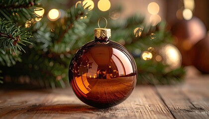 Close up of a shiny amber Christmas bauble on a rustic wooden surface with blurred green pine branches and bokeh lights in the background creating a warm festive atmosphere