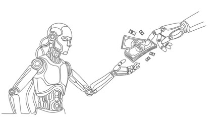Robot hand gives money to another robot hand, symbolizing future financial transactions.