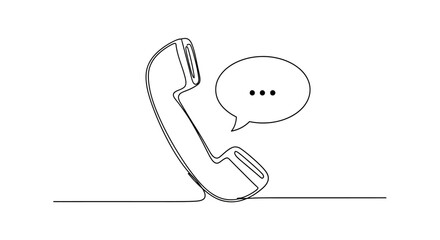 Minimalist line art illustration of a classic telephone receiver with a speech bubble conveying communication.