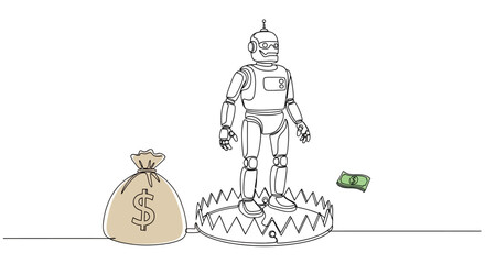 Robot caught in financial trap with money bag and falling cash