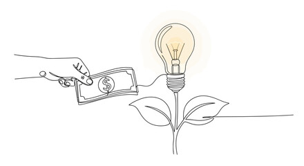 Hand offers money to a plant with a glowing lightbulb, symbolizing investment in new ideas and innovation.