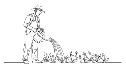Farmer in hat watering young plants in a garden with a watering can.