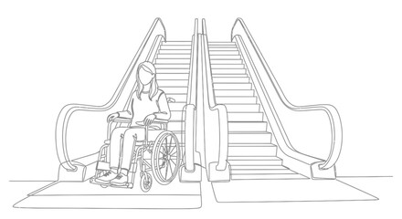 Person in wheelchair facing a challenging escalator, symbolizing accessibility barriers.
