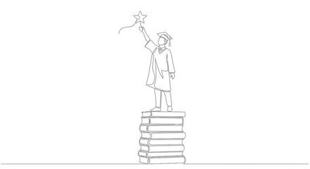 Graduating student reaching for a star atop a stack of books, symbolizing achievement and dreams.