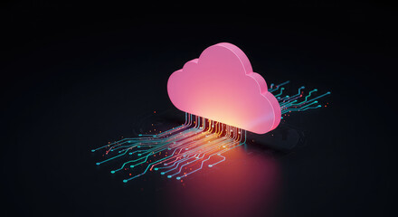 Pink cloud connected to circuit board on dark background for data storage use