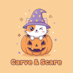 A Vector Winking Halloween Cat in Pumpkin Carve Scare Illustration Decoration 